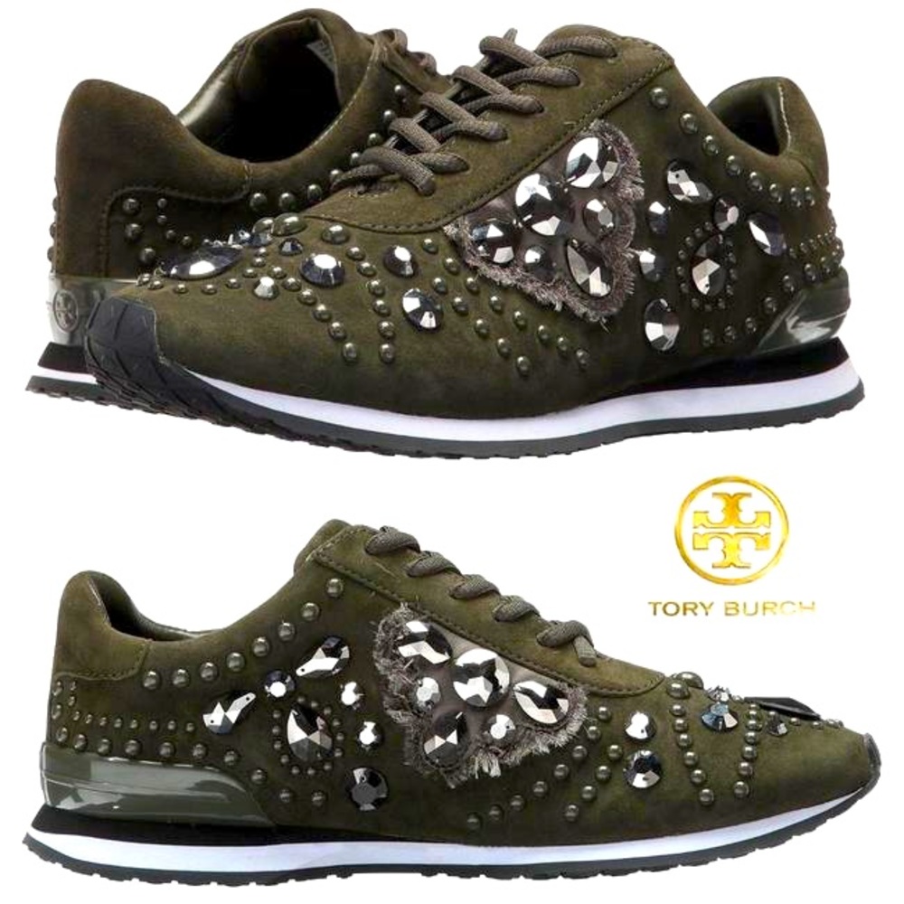 Tory Burch Boxwood/Hematite Scarlett Runner Suede/Embellishment Sneakers $348 🔥